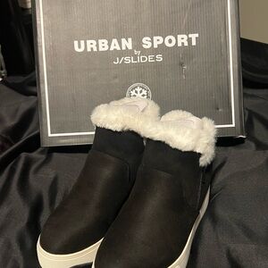J Slides Black Winter Boots with White Fur Trim